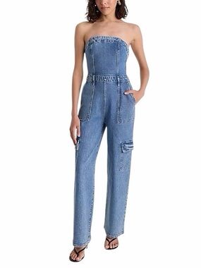 Express Strapless Light Blue Denim Cargo Jumpsuit
